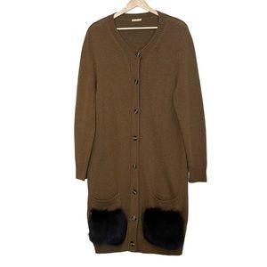 12 Storeez Womens Cashmere Blend Brown Long Cardigan Size M Pockets Faux Fur